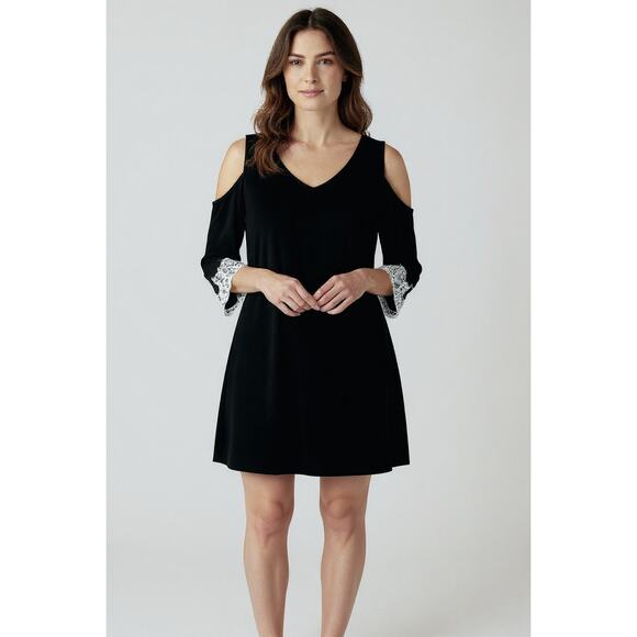 C Est 1946 Cold Shoulder Black Dress Small White Lace Cuffs - Picture 3 of 10